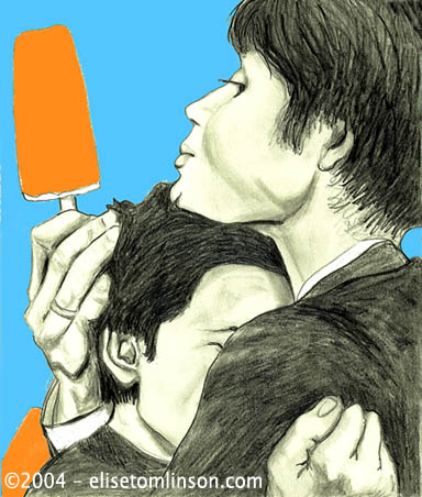 Drawing / Painting of Cillian Murphy and Tricia Vessey with orange popcicles from the movie On the Edge