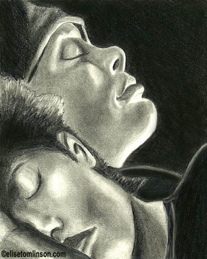 Drawing of Cillian Murphy sleeping next to the Selena character in the movie 28 Days Later.