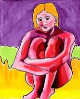 Holding Together - Painting of an alizarin crimson nude holding her arms around her knees - Elise Tomlinson