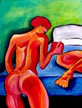 The Art of Serving - Painting of a red nude serving coffee in bed - Elise Tomlinson