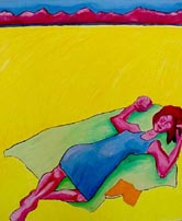 Remembering a Yellow Field - Painting of a woman in a blue dress sleeping and dreaming in a yellow field - Elise Tomlinson